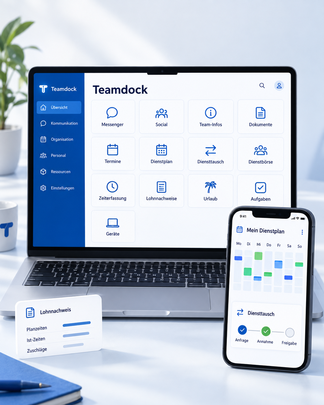 Teamdock-Produktvisualisierung auf Laptop und Smartphone: Messenger, Social, Team-Infos, Dokumente, Termine, Dienstplan, Diensttausch, Dienstbörse, Zeiterfassung, Lohnnachweise, Urlaub, Aufgaben und Geräte